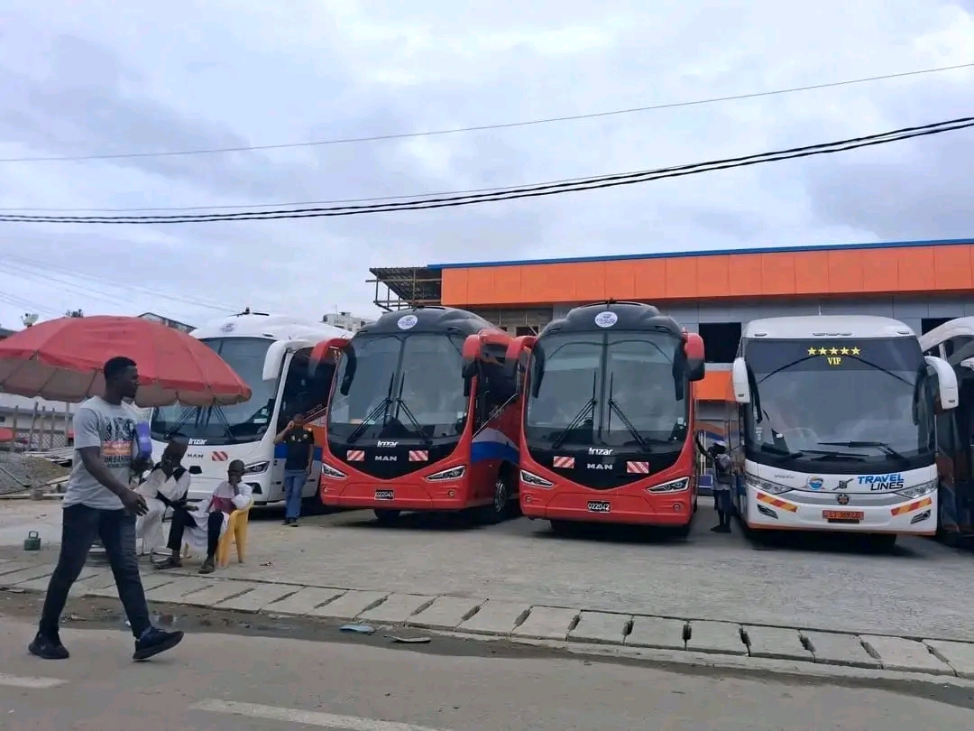 Bus TRAVEL LINES stationnés devant l'agence